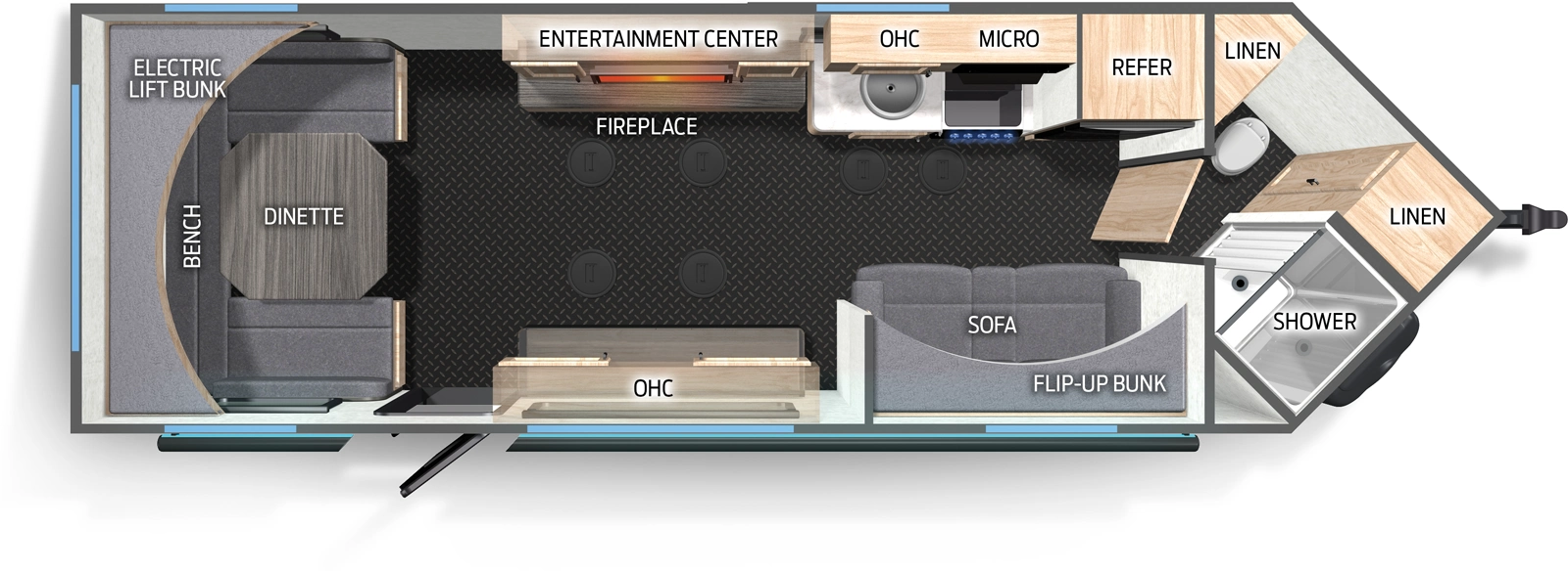 The Grey Wolf 21GP floorplan has one entry and zero slide outs. Exterior features include: metal exterior and 16' awning. Interiors features include: bunk beds and u-dinette.