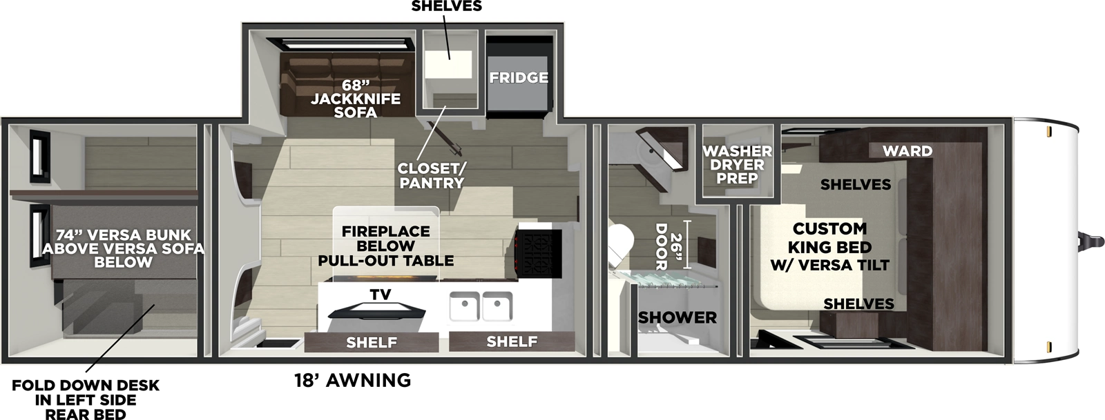 The Evo 300ICE floorplan has one entry and one slide out. Exterior features include: metal exterior. Interiors features include: bunk beds, front bedroom and pass through bathroom.